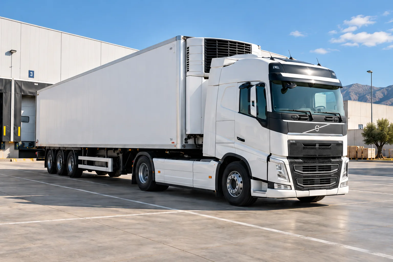 Illustration d’un camion Volvo avec une semi-remorque frigorifique devant un entrepôt.